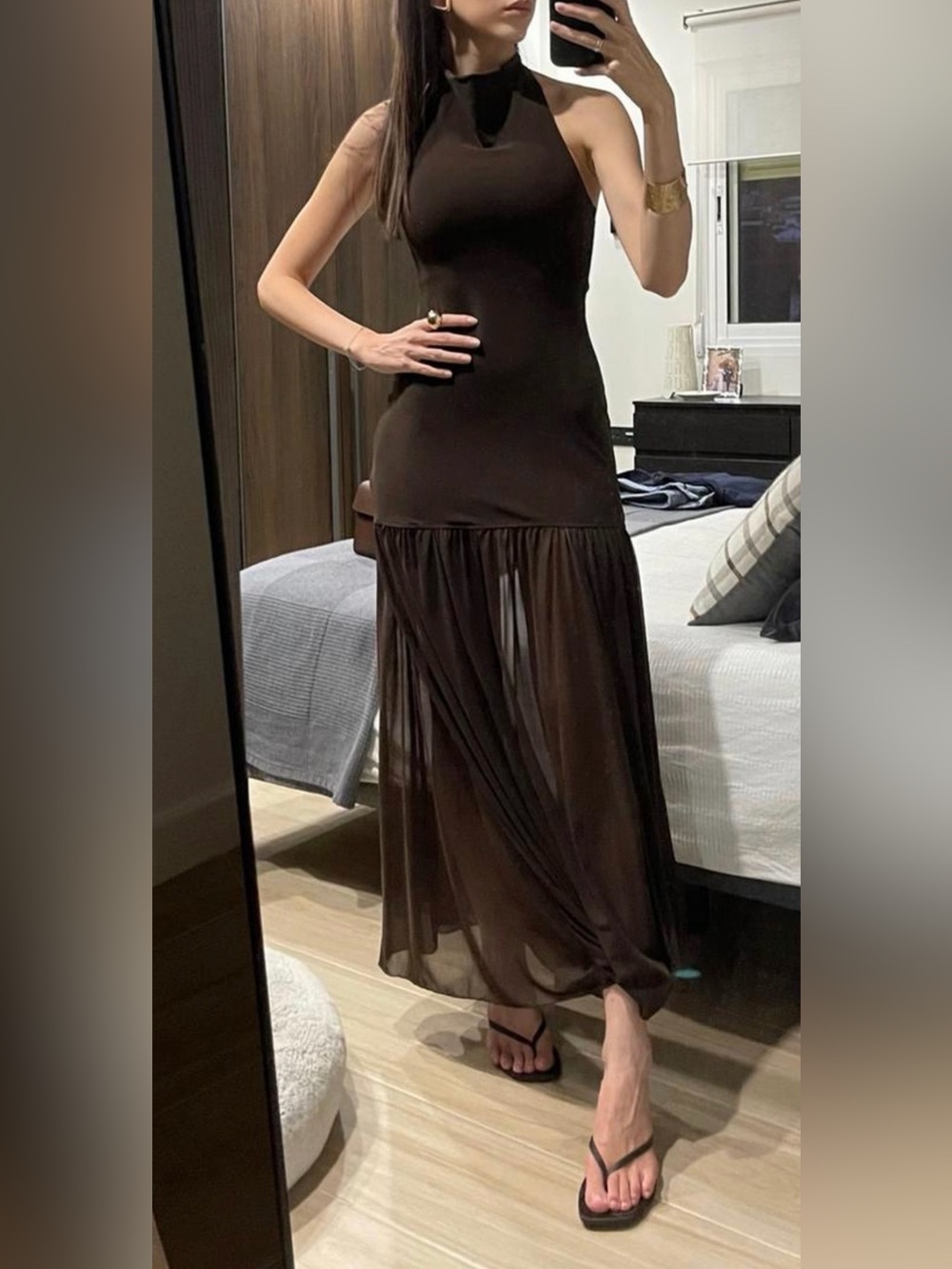 Zara Dark Brown Halter Maxi Dress with Sheer Skirt - Picture 11 of 14